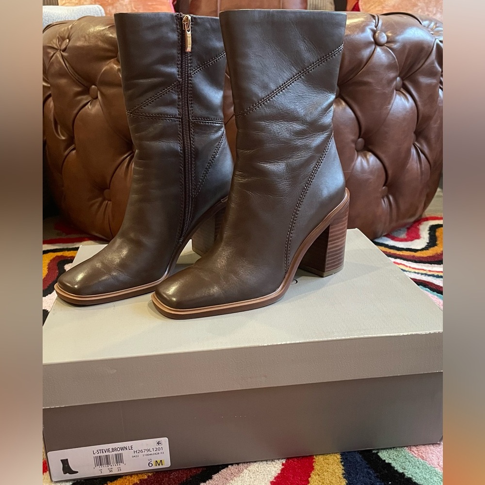 Franco Sarto Brown Leather Mid-Calf Block Heel Boots - Picture 4 of 4